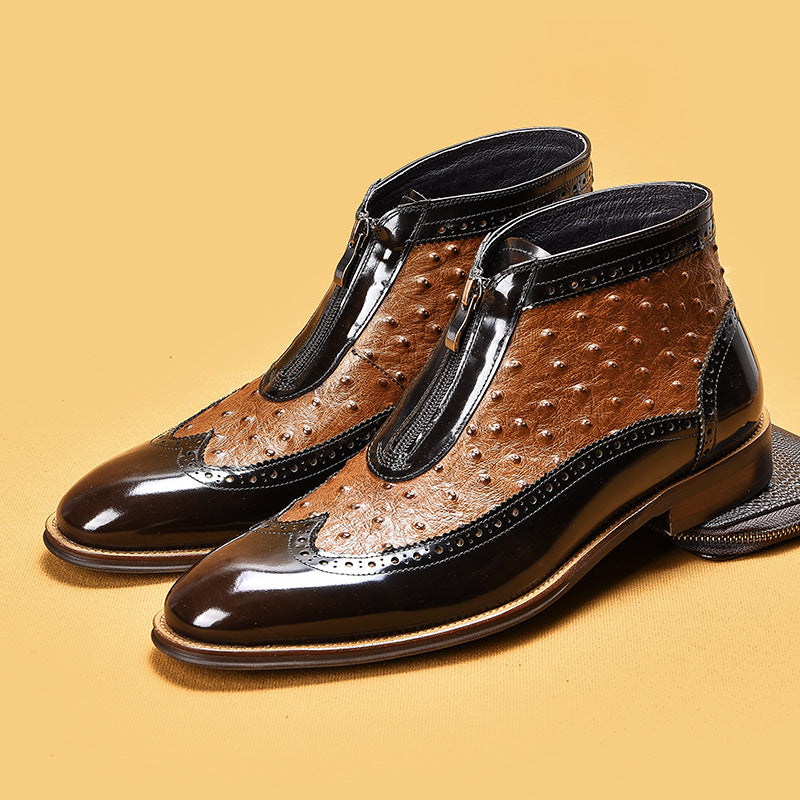 Men's Ostrich Grain Embossed Zipper Pointed Martin Boots