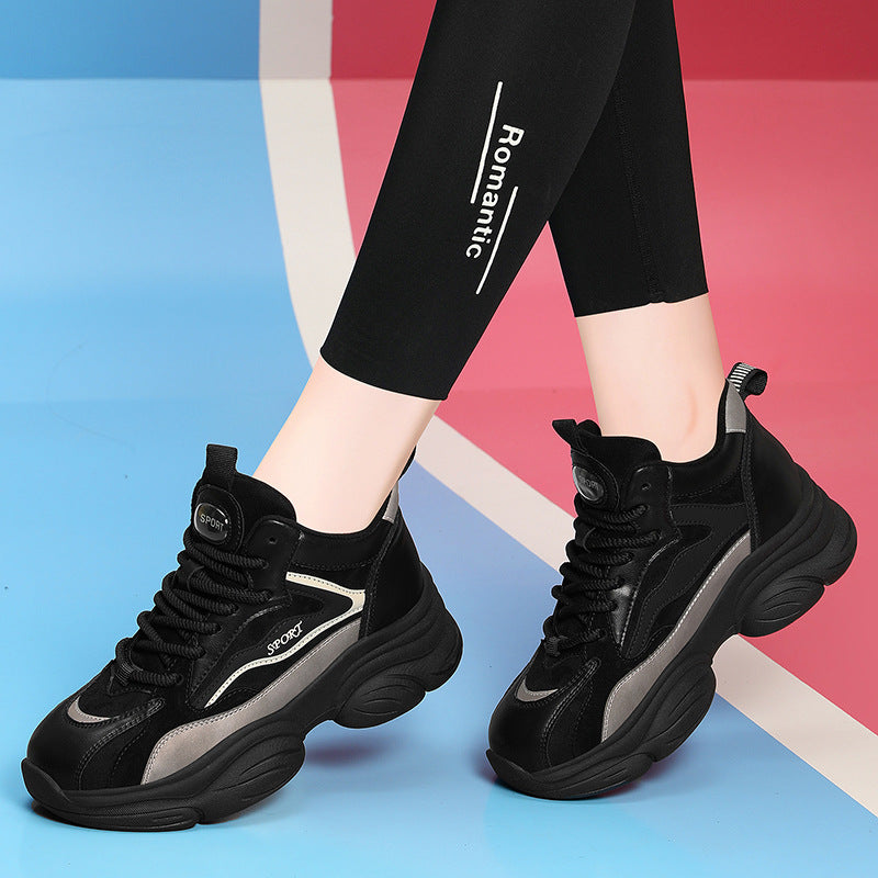 Women's Plus Size Fleece-lined Black Thick-soled Daddy Sneakers