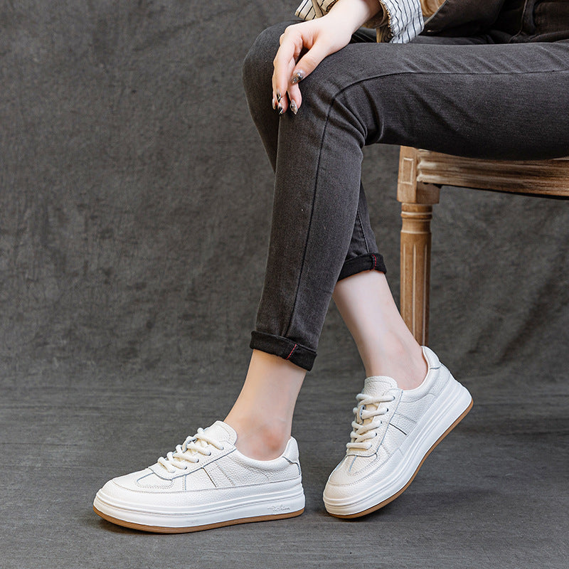 Women's Cowhide Flat White Soft Bottom Surface Breathable Single Casual Shoes