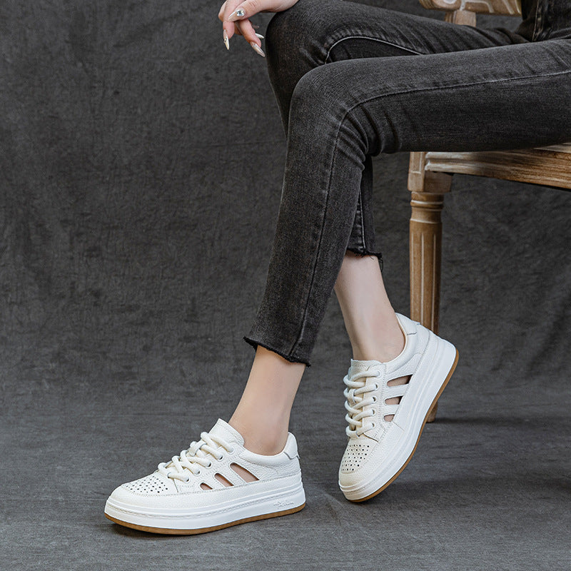 Top Layer Cowhide Hollow Closed Toe White Women's Casual Shoes
