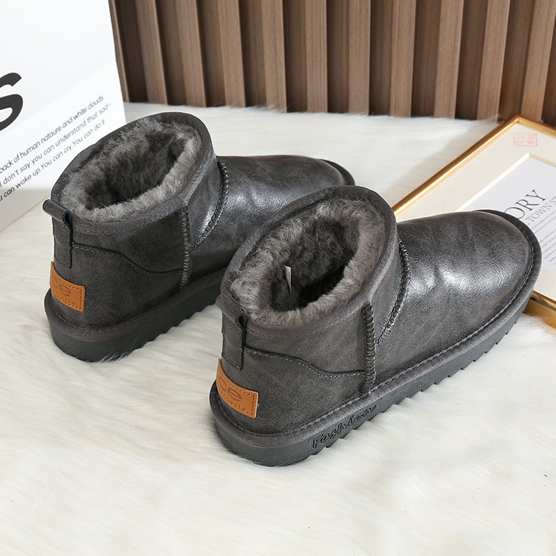 Men's Winter Fleece-lined Warm Waterproof Glossy Flat Snow Boots