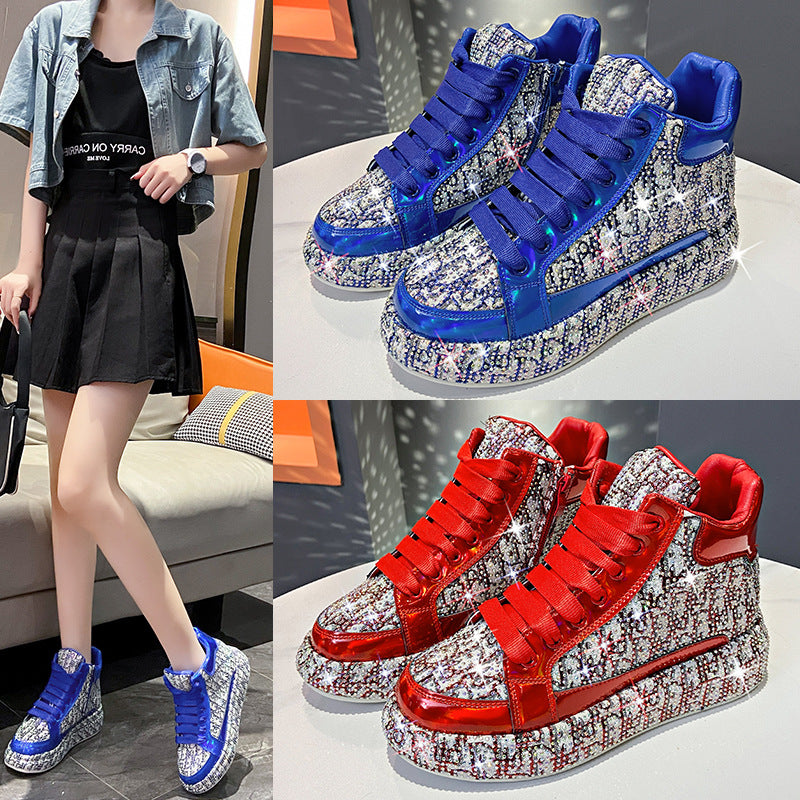 Women's Rhinestone Color Block Embroidery High Top Sneakers