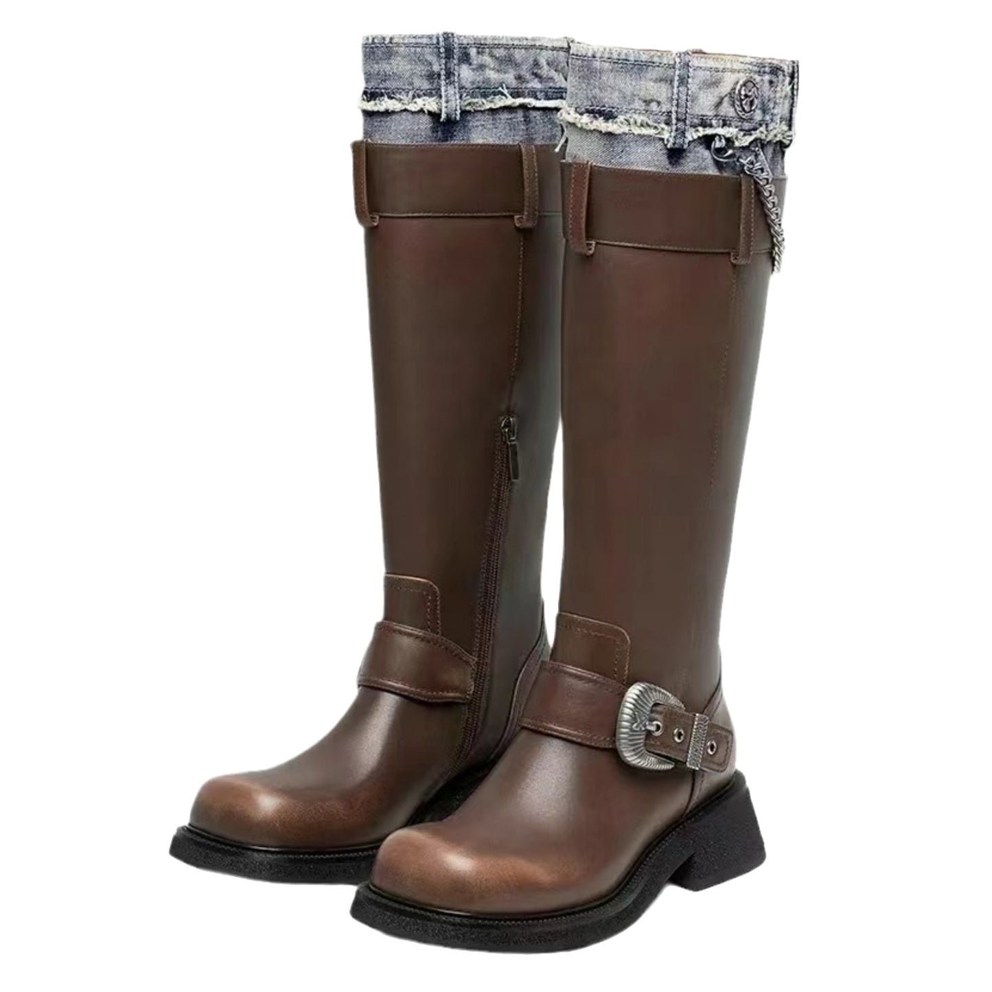 Women's Motorcycle Denim Metal Buckle Genuine Knee-high Boots