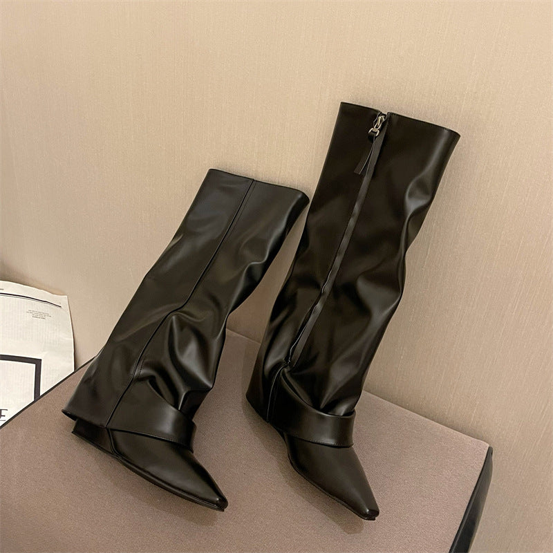 Women's Niche Slope High-heeled Thigh Black Thin Women's Leather Boots