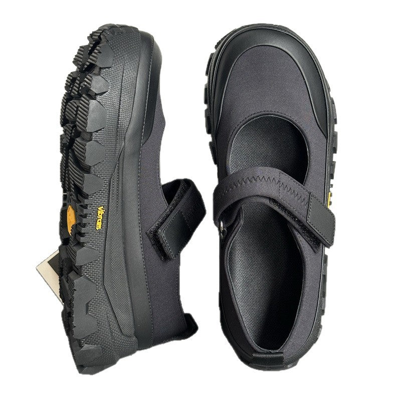 Thick Bottom Mary Jane Little Man Gospel Black Velcro Outdoor Women's Casual Shoes