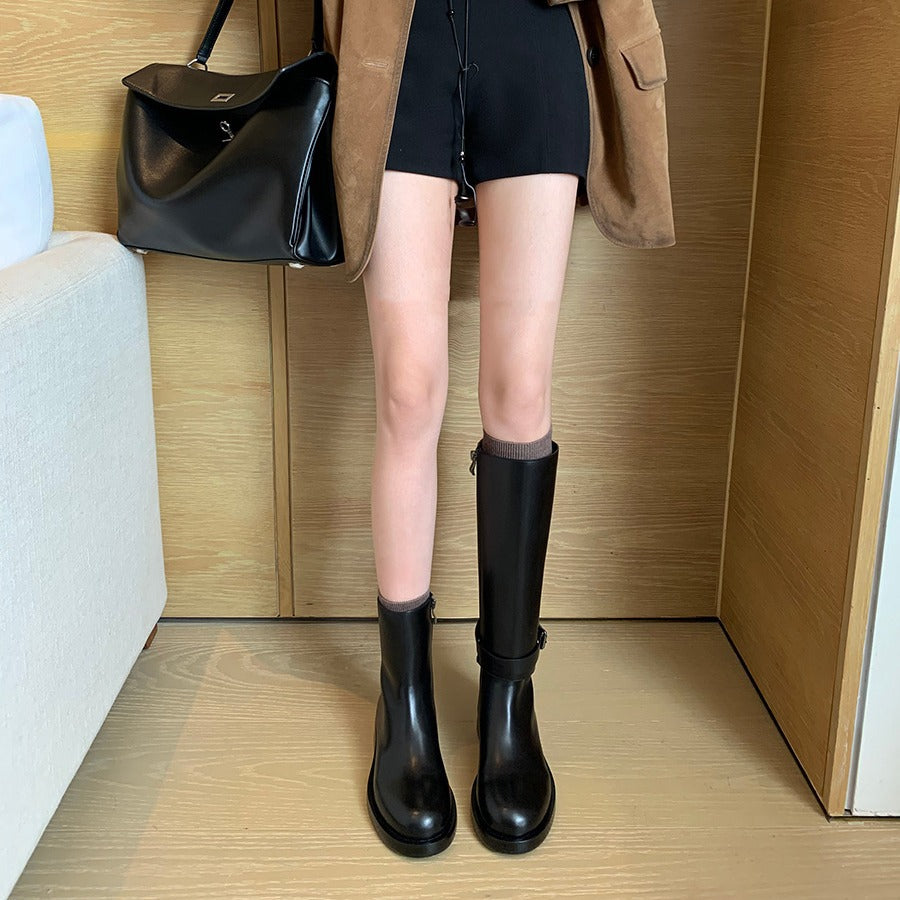 Women's Chunky Lock Pointed Round Toe Leg Straight Slimming Boots