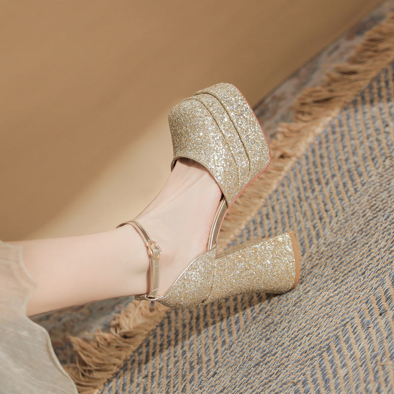 Women's Golden Square Toe Chunky Hollow Waterproof Platform Super High Wedding Women's Fashion Shoes