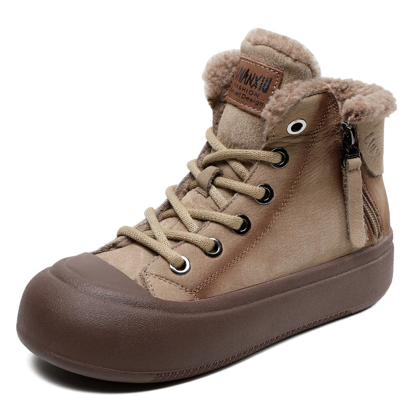 Women's First Layer Cowhide Vintage Double Zipper Short Women's Shoes