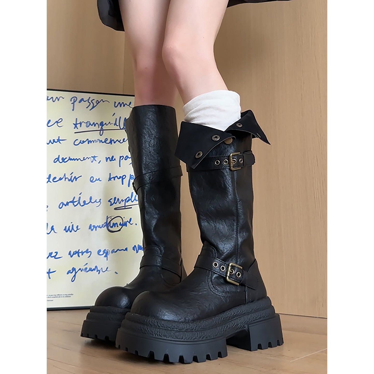 Women's Retro Black British Style Thick Bottom Elevator Autumn Women's Leather Boots