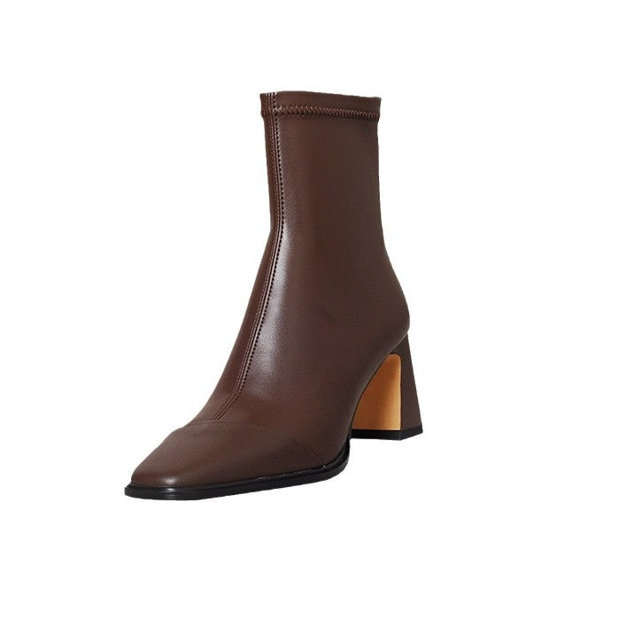 Women's Cowhide Version Black French High-heeled Skinny Boots