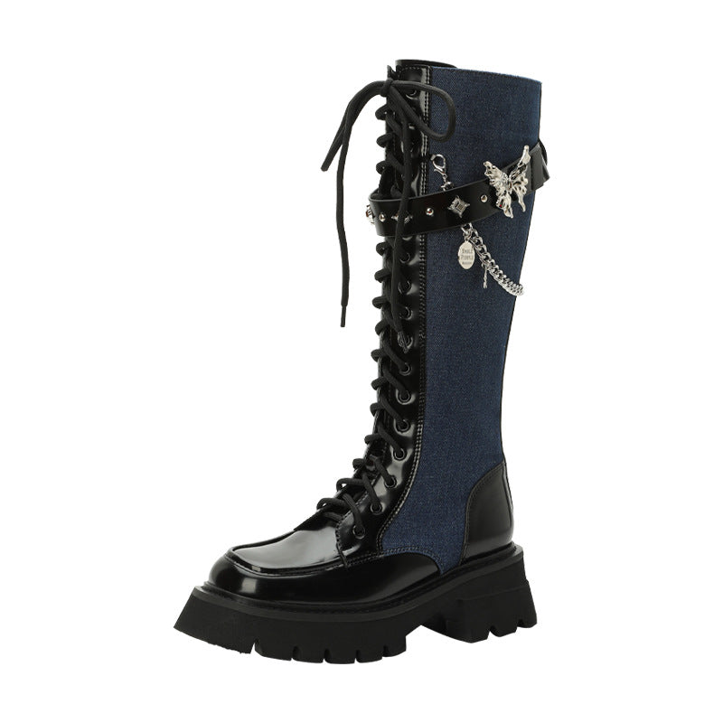 Women's Thick Metal Butterfly Chain Niche High Top Martin Boots