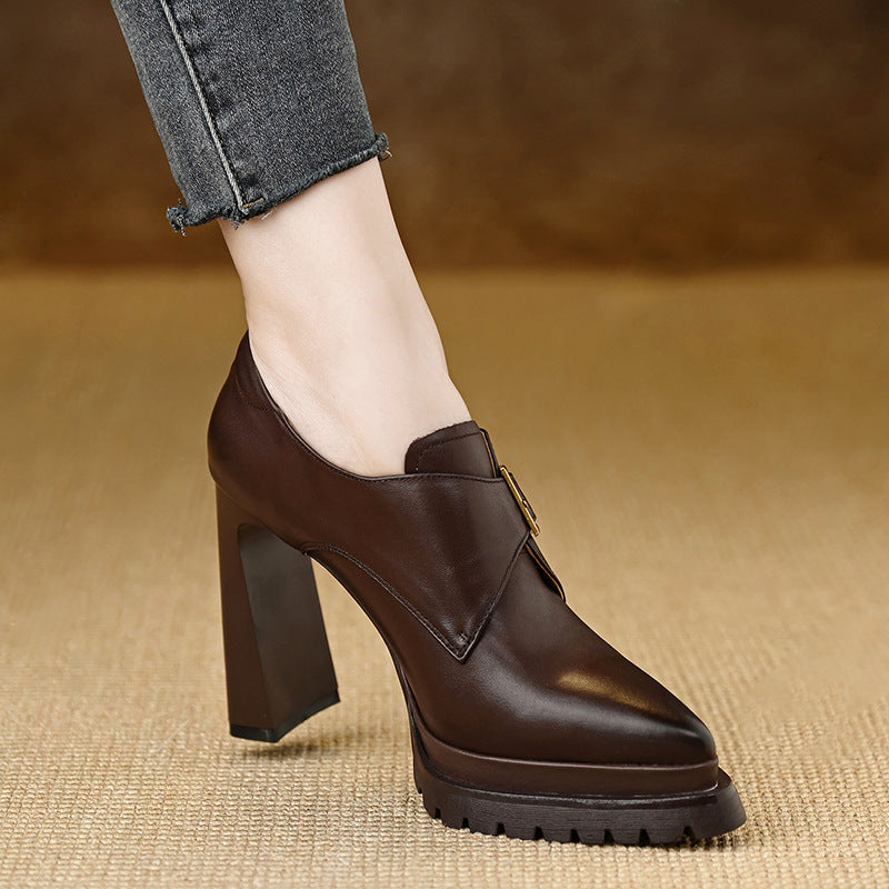 Mouth Pumps Female Autumn Temperament Pointed Thick Leather Shoes