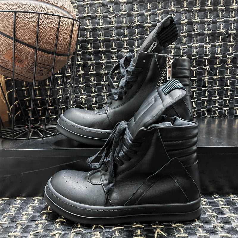Men's Inverted Triangle Black White Cowhide Plus Size Fan Couple Leather Shoes