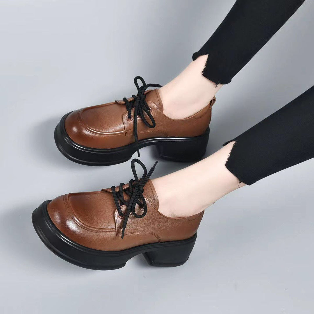 Women's Genuine Retro Lace Up British Style Increased Round Head Thick Loafers