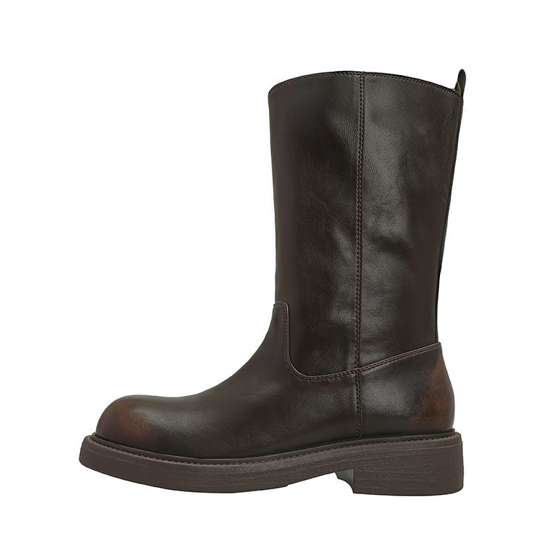 Women's Middle Thick Bottom Round Head Pleated Soft Increased Below The Women's Leather Boots