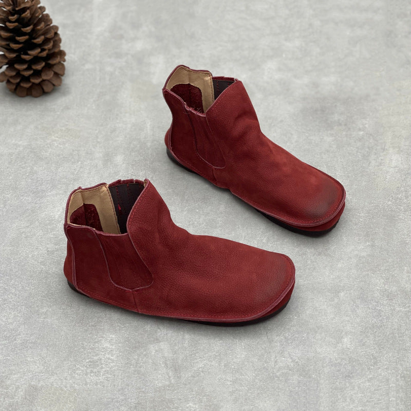 Women's Genuine Cowhide Round Toe Stitching Elastic Strap Flat Retro Short Women's Leather Boots