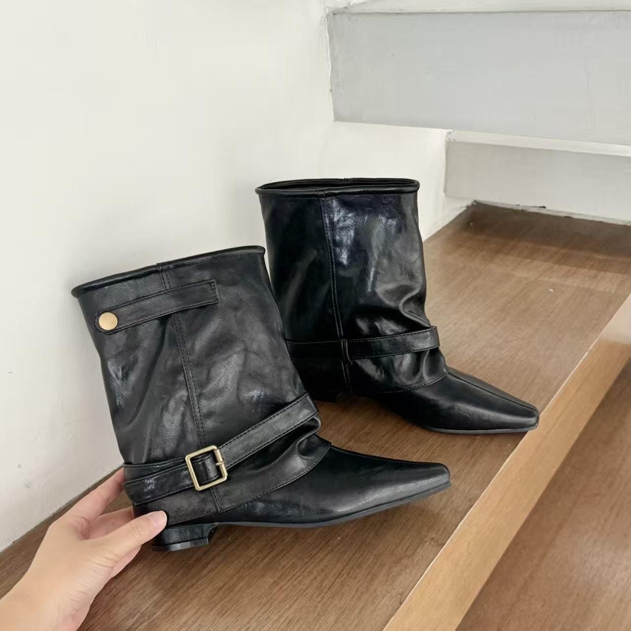 Women's Western Style Flat Booties Pile Belt Buckle Boots