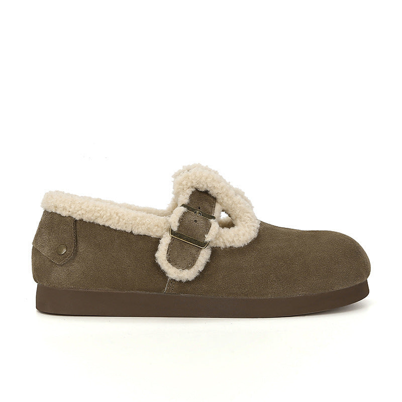 Women's Cowhide Version Fleece-lined Winter Mori Style Retro Round Women's Shoes