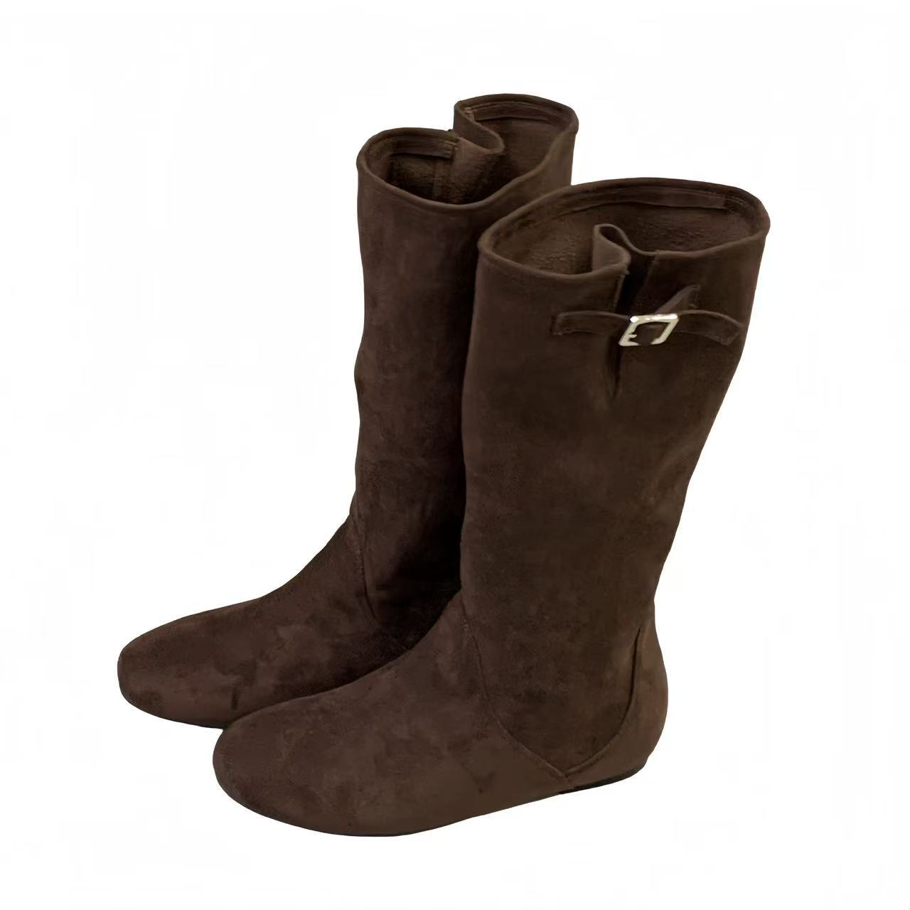 Fashionable Simple Round Head Korean Style Flat Slimming Fashion Women's Leather Boots