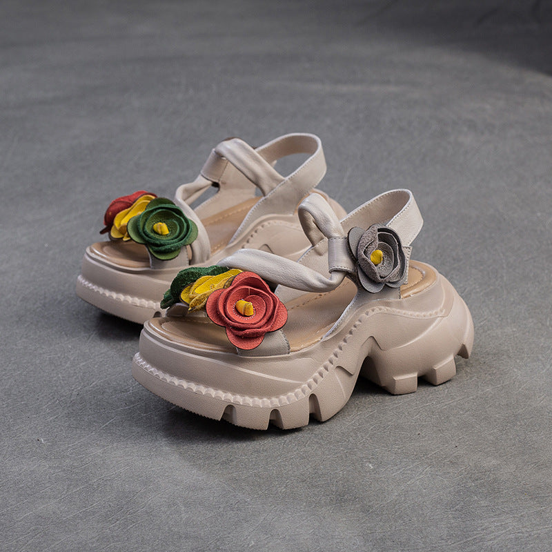 Women's Artistic Retro Style Flower Muffin Peep Platform Sandals