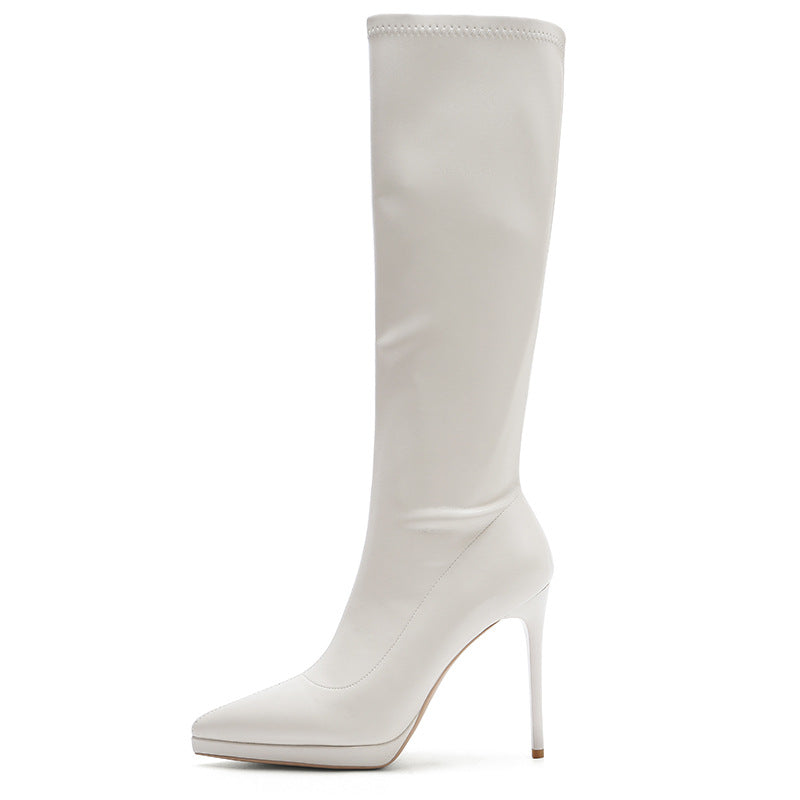Black Long Female High Spring Pointed Stiletto Below The Women's Leather Boots