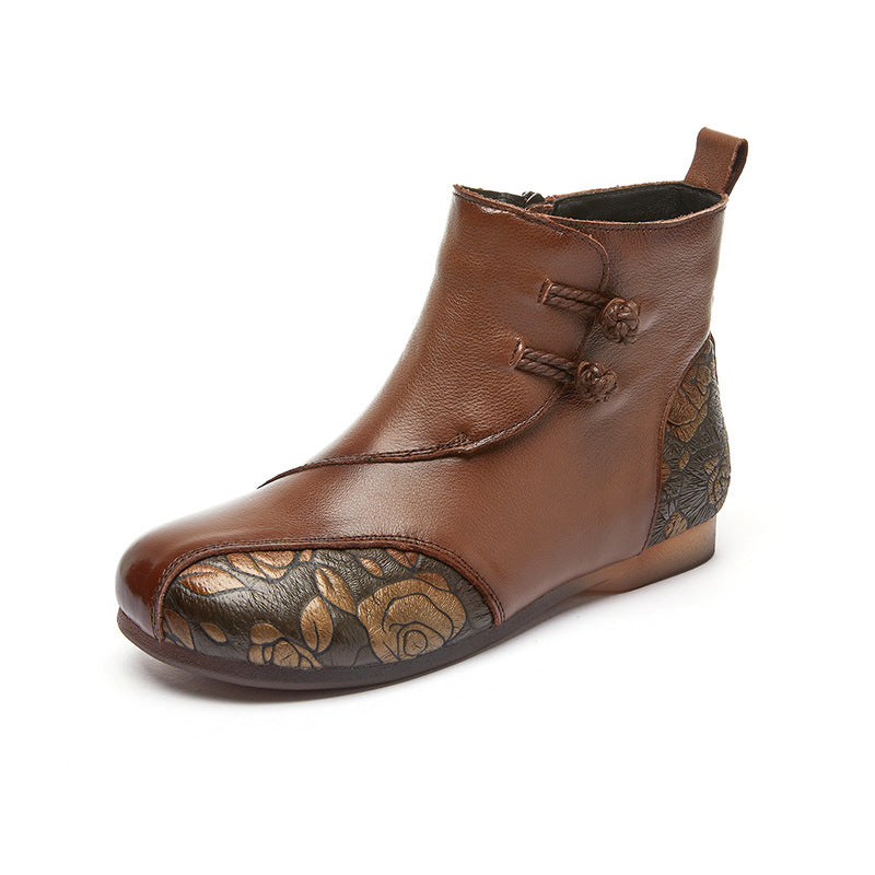 Women's Style Soft Bottom Top Layer Cowhide Round Boots