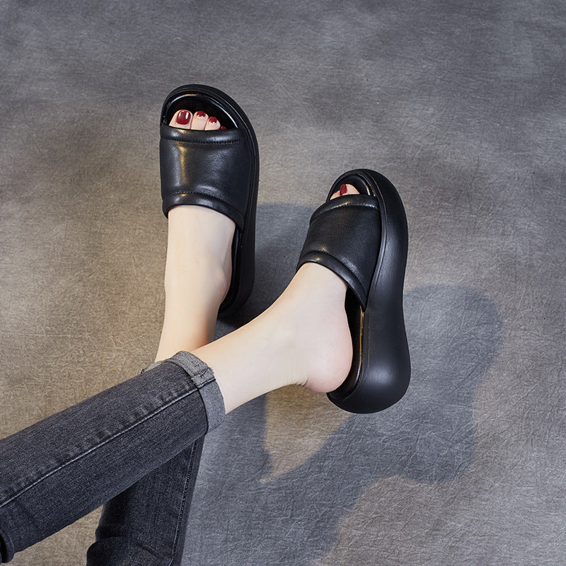 Women's First Layer Cowhide Open Toe Outer Wear Slippers