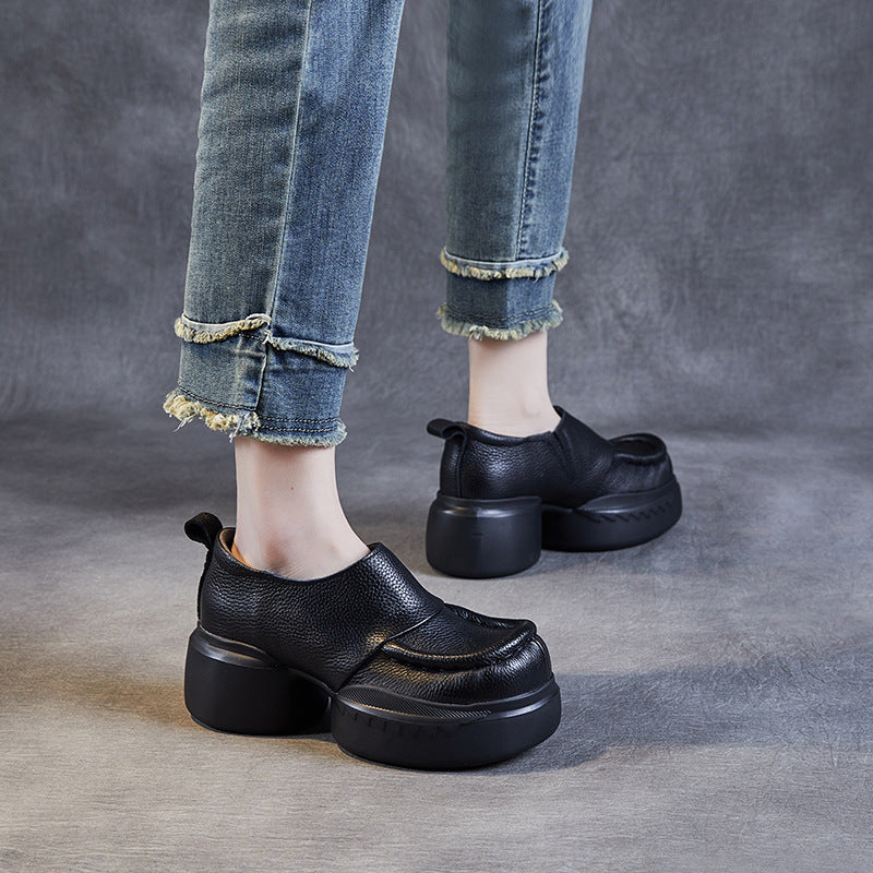 Women's Round Toe Top Layer Cowhide Muffin Slip-on Personality Art Casual Shoes