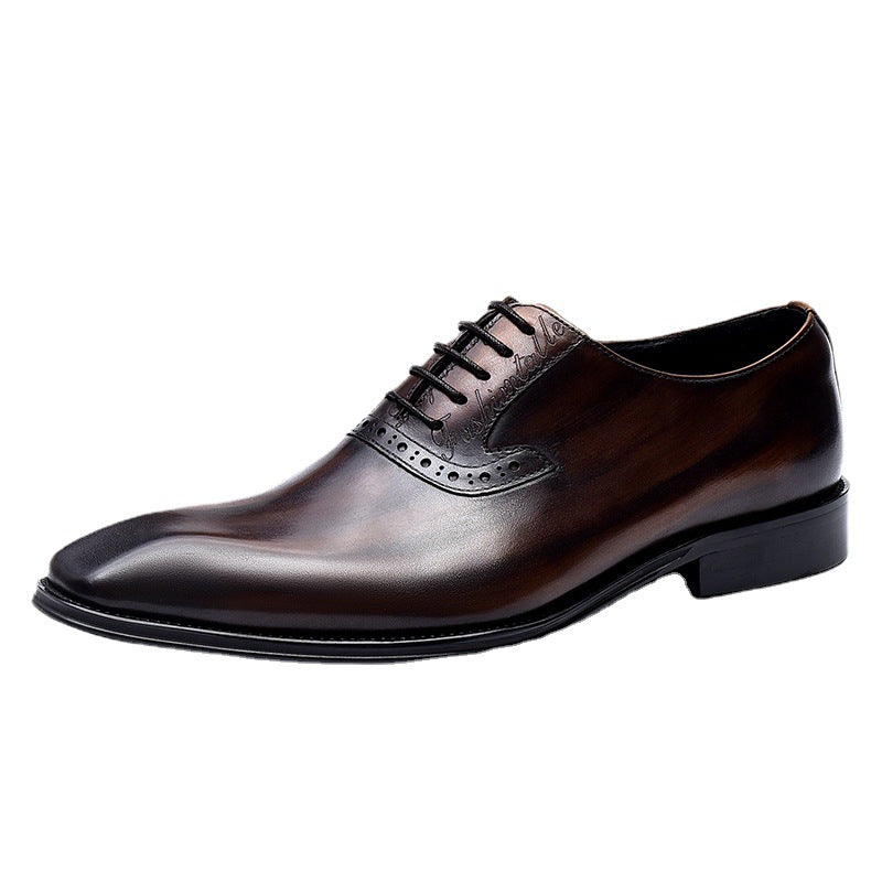 Men's Layer Cowhide Business Formal Wear Carved Genuine British Retro Leather Shoes