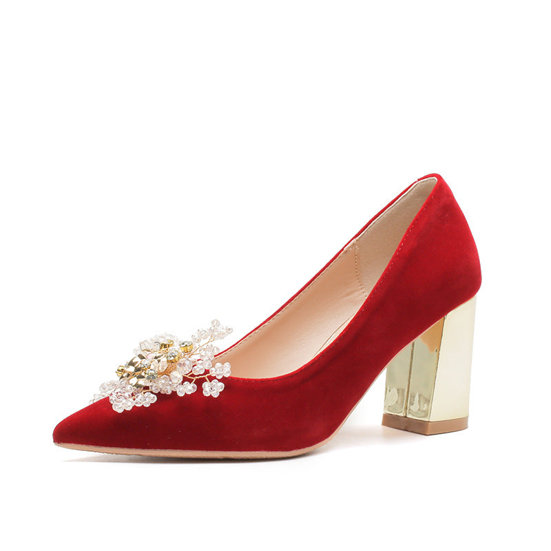 Women's Electroplated Crystal Flower Ornament Suede Red High Women's Shoes