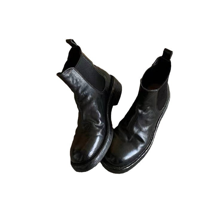 Women's Cowhide Washed Horse Pleated Chunky Platform Smoke Pipe Stretch Chelsea Heels