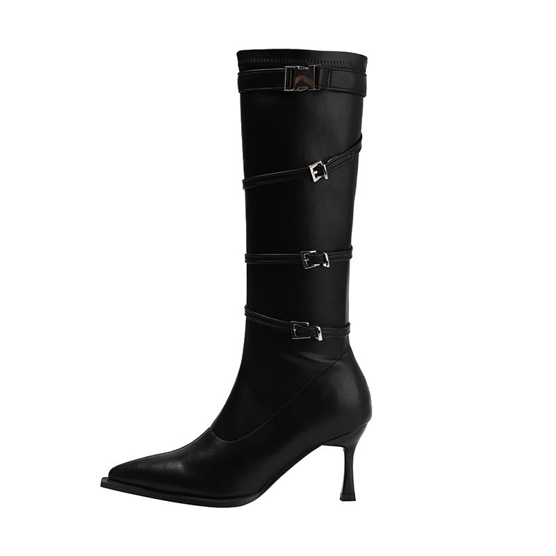 Women's Buckle Stiletto Knight Side Zipper Pointed High Below Boots