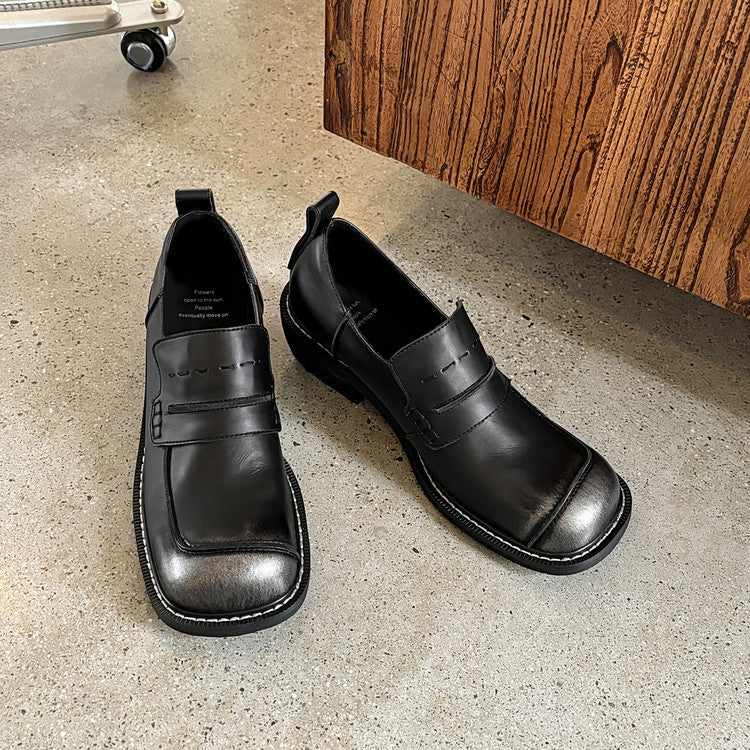 Women's Spring Round Head Chunky Slip-on Cowhide Women's Fashion Shoes
