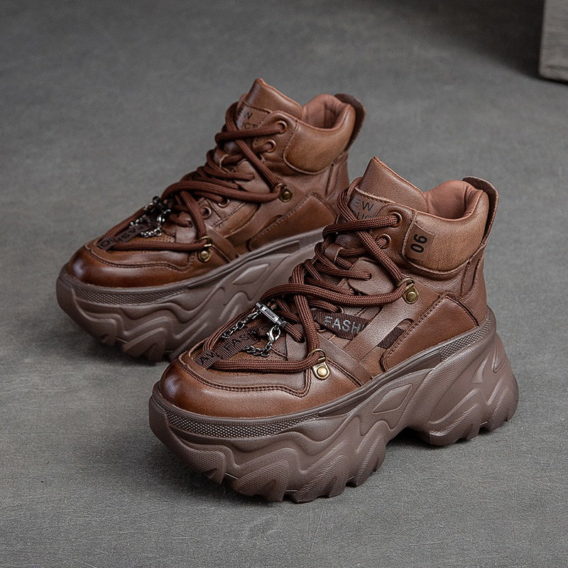 Women's First Layer Cowhide Retro Platform Elevator Boots