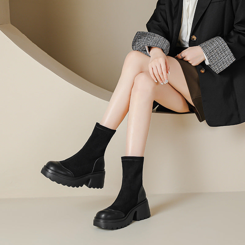 Thick Bottom Thin Female Niche Stitching Boots