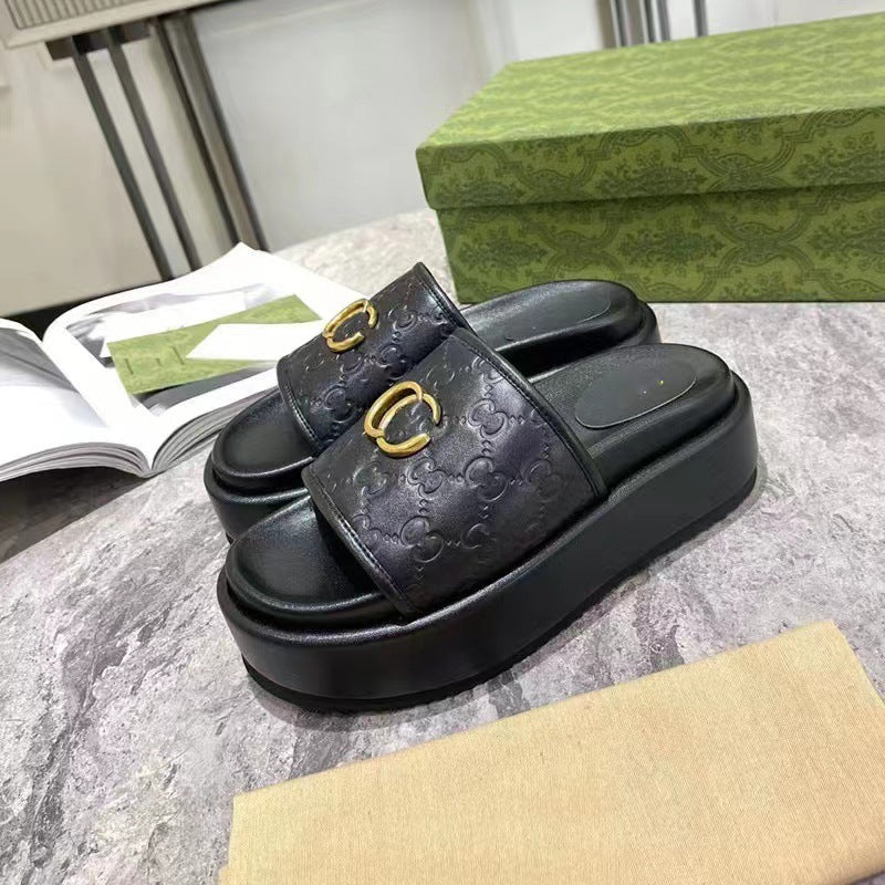 Women's Platform Embroidered Thread Height Increasing Metal Slippers