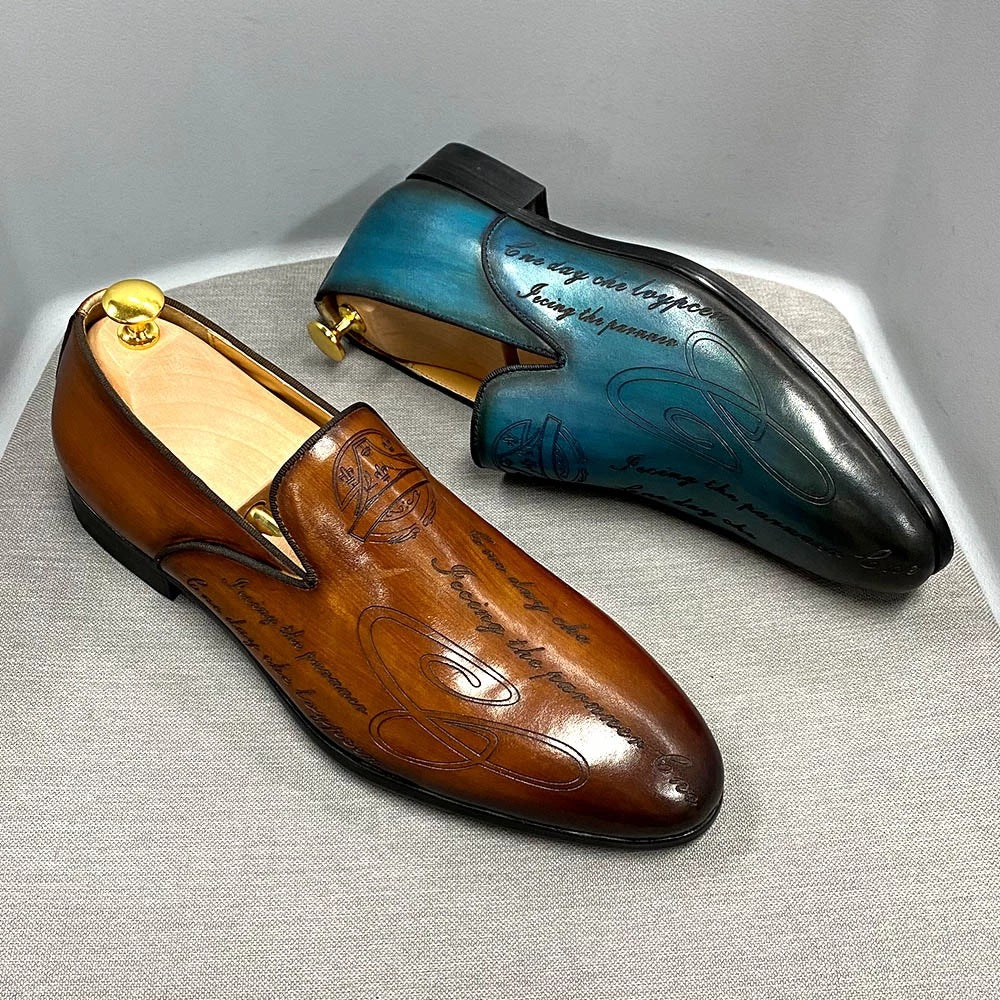 Men's Italian Style Letters Genuine Dress Slip-on Leather Shoes