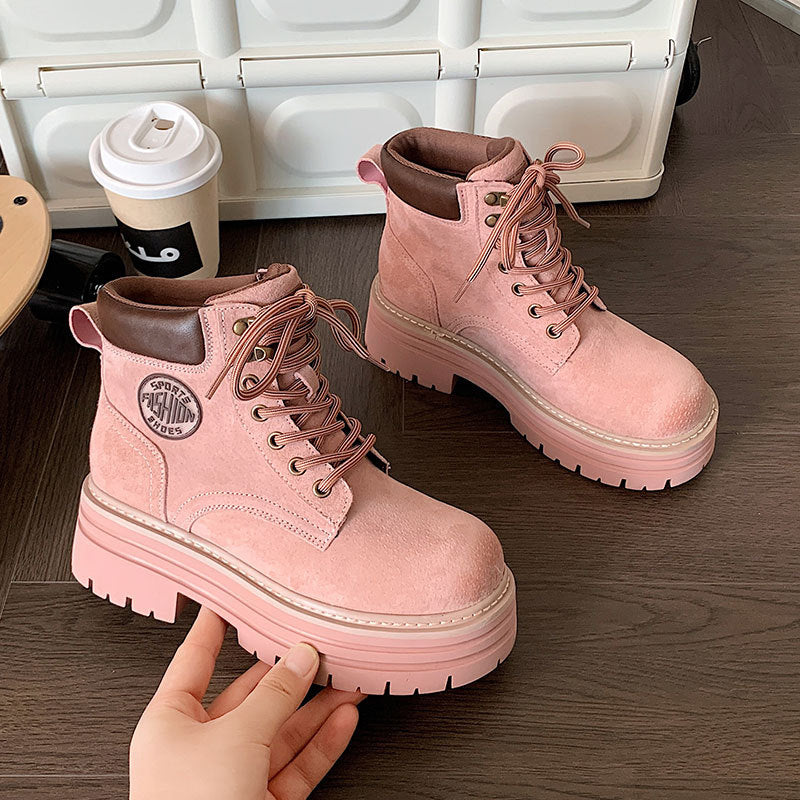 Women's Height Increasing Insole Pink Small British Style Ankle Women's Leather Boots