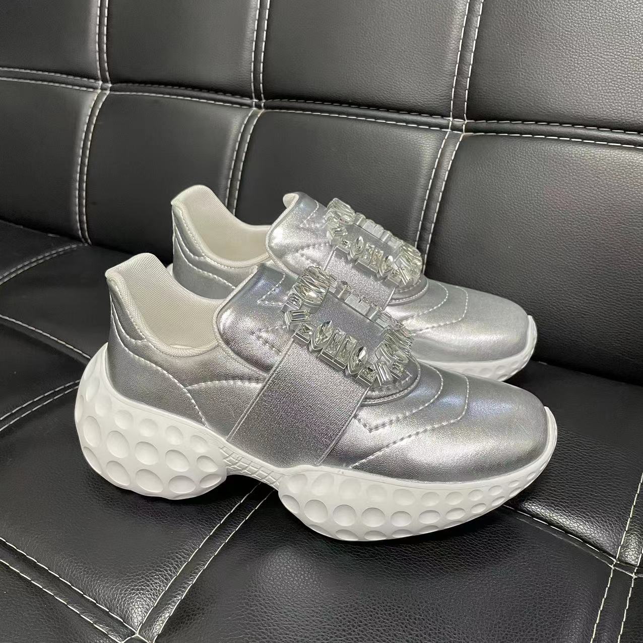 Women's Rhinestone Square Buckle Dad Platform Heightened Sneakers