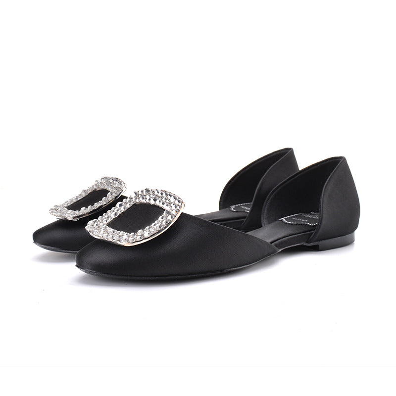Women's Buckle Flats Hollow Rhinestone Pumps Satin Women's Shoes