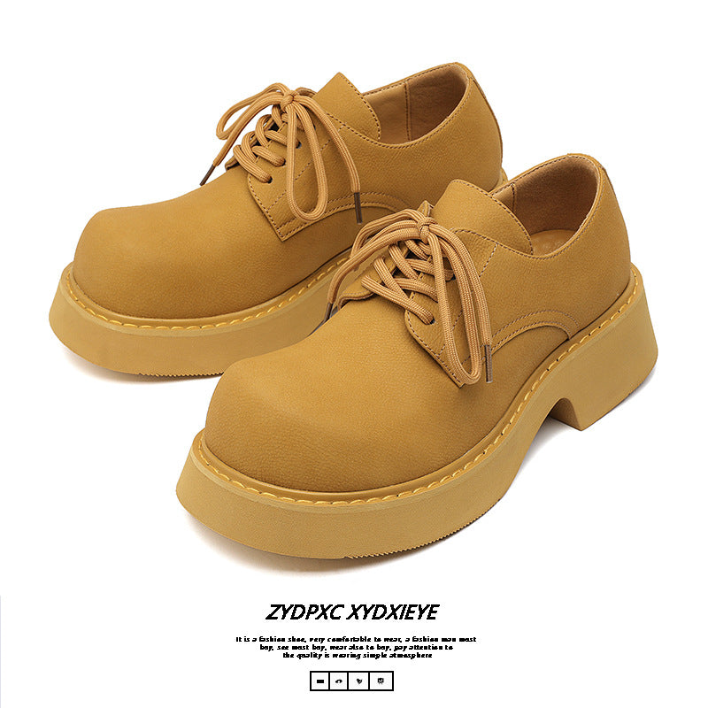 Men's Derby Paris Mickey Round Toe Yellow Spring Niche Thick Leather Shoes