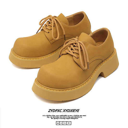 Men's Derby Paris Mickey Round Toe Yellow Spring Niche Thick Leather Shoes