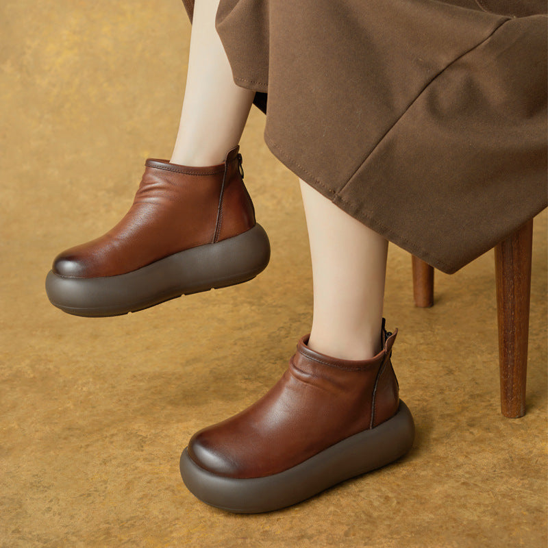 Women's Genuine Booties Retro Wedge Platform Height Increasing Women's Leather Boots