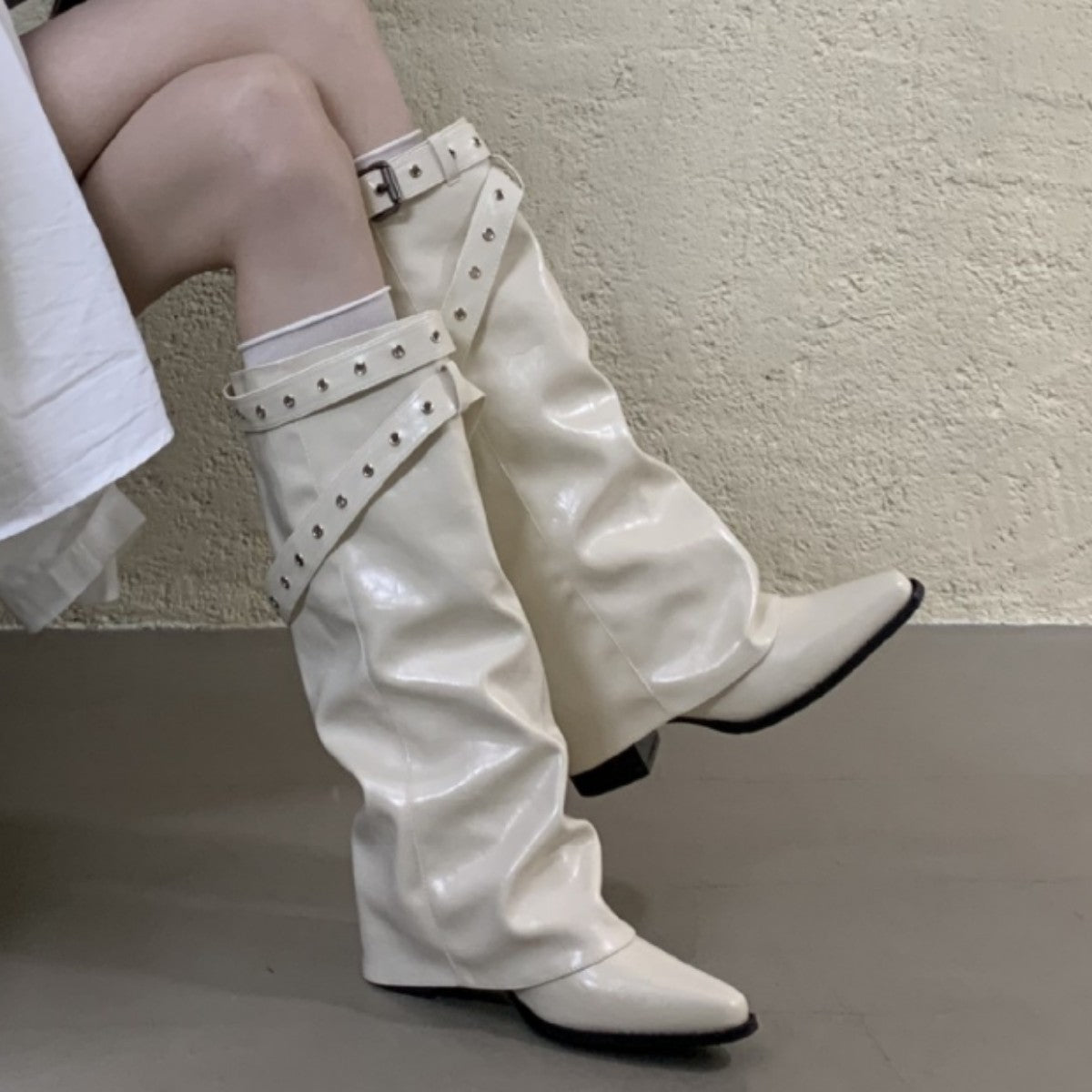 Toe Wedge Pants Pipe White Belt Boots