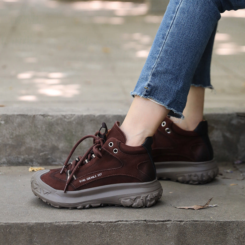 Women's Cowhide Platform Closed Toe Hiking Genuine Sports Casual Shoes