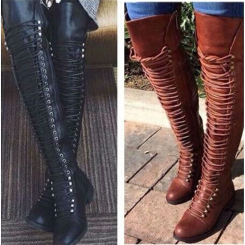 Women's Cross Strap Knight Plus Size Women's Leather Boots