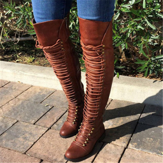 Women's Cross Strap Knight Plus Size Women's Leather Boots
