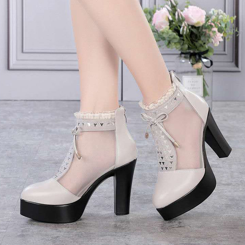 Women's Ankle Yarn Net Chunky Platform Mother Round High Heeled Sandals