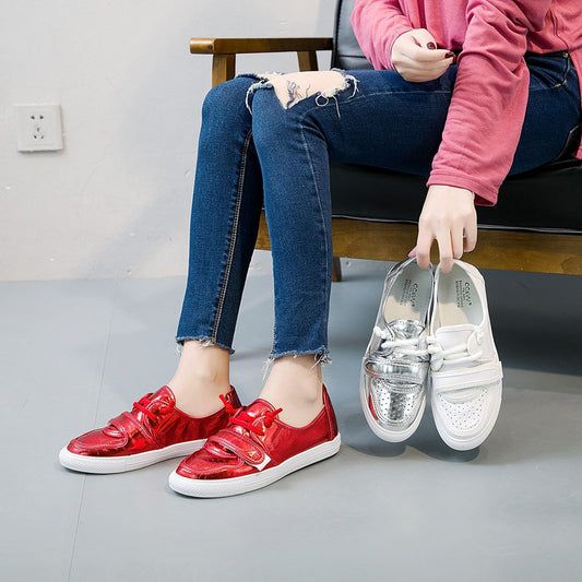 Women's Spring White Korean Bright Flat Board Sneakers