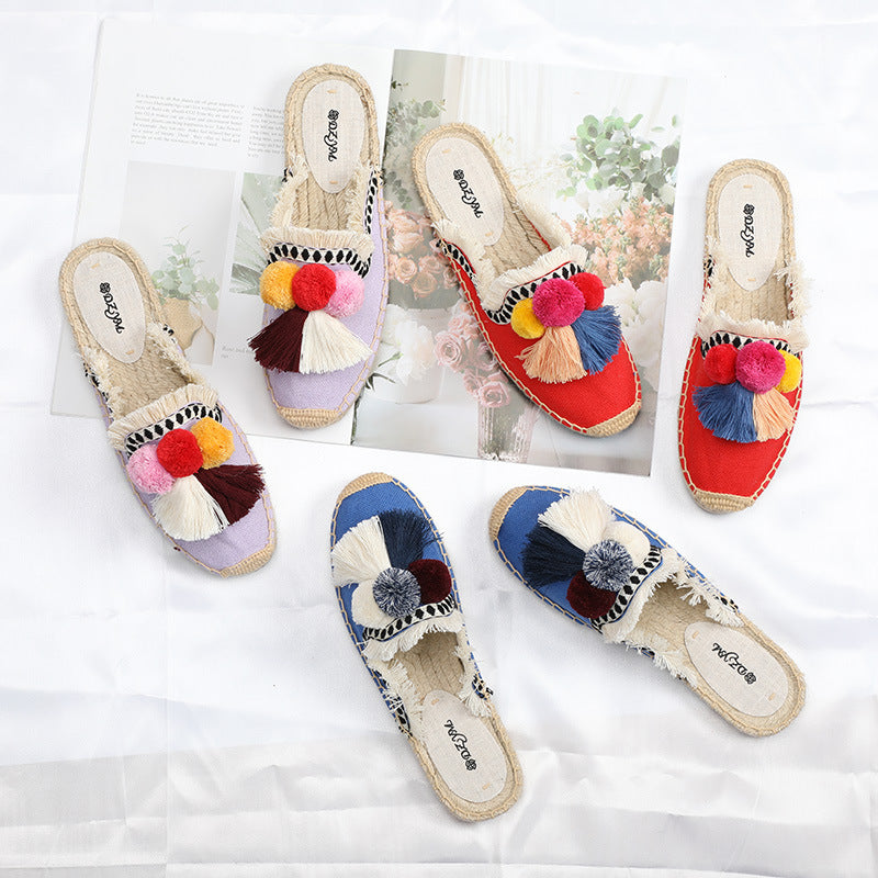Women's Woven Hemp Bottom Closed Toe Fur Ball Slippers